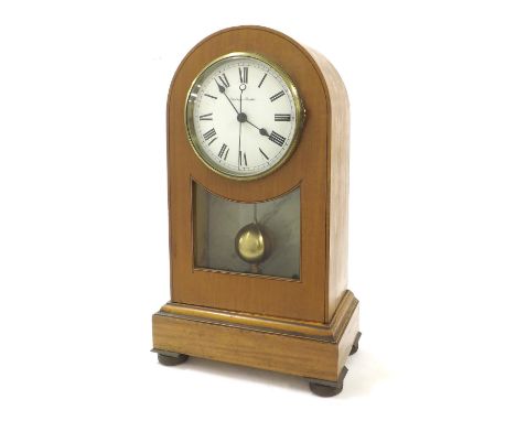 Electrique Brillie electric mantel clock, the 6" convex white dial within a rounded arched wooden stepped case with pendulum 