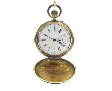 Gold plated quarter repeating chronograph lever hunter pocket watch, the frosted movement striking on gongs, the dial with Ro