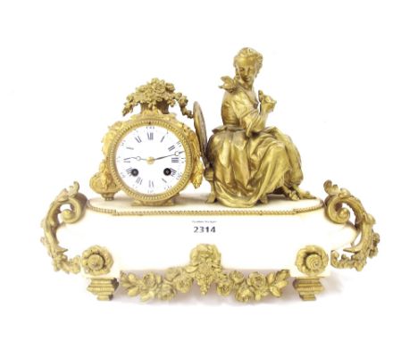 French white marble and gilt metal two train drumhead figural mantel clock, the Japy Freres movement with outside countwheel 