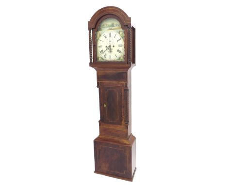 Mahogany eight day longcase clock, the 13" painted arched dial signed D. Thomas, Aberdare below a subsidiary seconds dial and