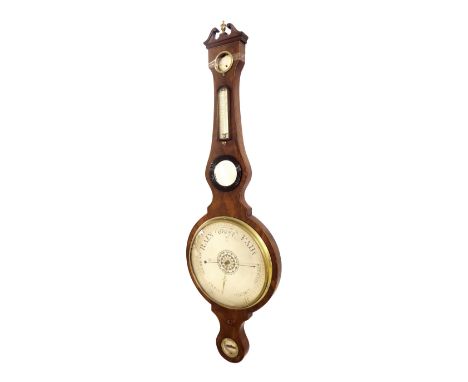 Large mahogany five glass wheel barometer, the principal 12" silvered dial within a shaped case inlaid with boxwood lines, su