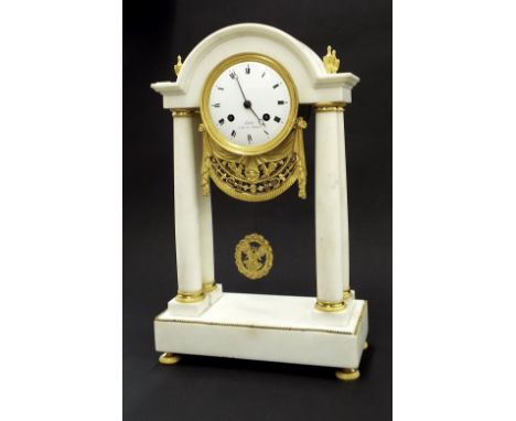 White marble two train portico mantel clock, the movement with outside countwheel striking on a bell, the 4.25" enamel dial s