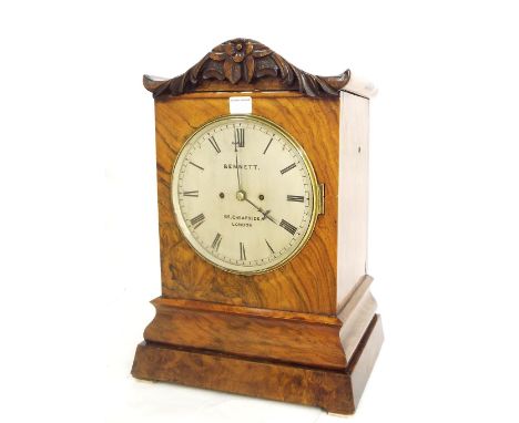 English walnut double fusee bracket clock striking on a bell, the 8" silvered dial signed Bennett, 65, Cheapside, London, wit