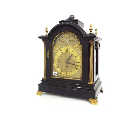 Ebonised triple fusee bracket clock, the substantial movement playing on a nest of nine bells and striking on a large gong, t