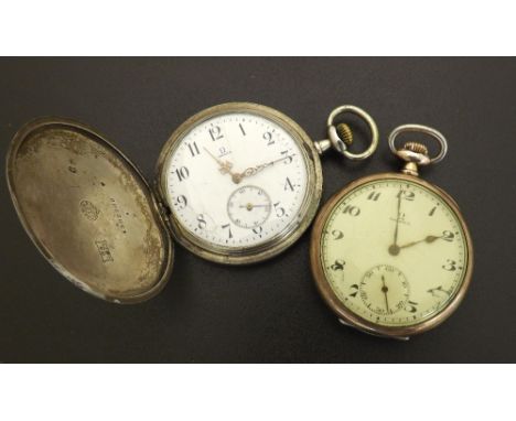 Omega white metal (0.875) engine turned hunter lever pocket watch; together with an Omega white metal (0.800) engine turned a