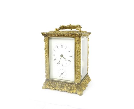 Carriage clock timepiece with alarm and striking on a bell, the movement back plate signed Leroy Et Fils, Palais Royal 114-11
