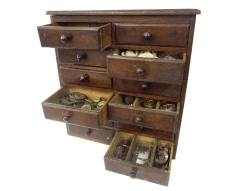 Small wooden five drawer chest enclosing a quantity of pocket watches in need of restoration, including a fusee lever movemen