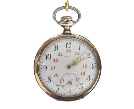 Zenith white metal (0.800) lever pocket watch, movement no. 2398065, the dial with Arabic numerals, inner red twenty-four hou