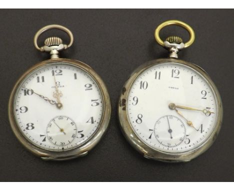 Two Omega white metal (0.800) engine turned and gold plated lever pocket watches (2)