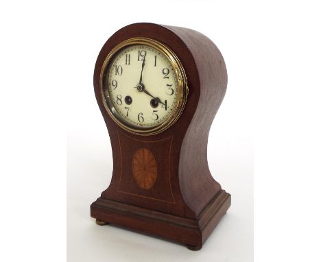 French mahogany inlaid two train mantel clock striking on a gong, the 4.5" white dial within a balloon shaped stepped case, 1