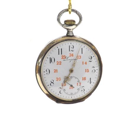 Longines white metal (0.800) lever pocket watch, movement no. 2812869, the dial with Arabic numerals, inner red twenty-four h