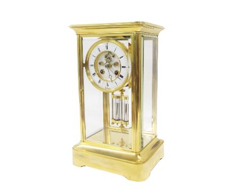 French four glass two train mantel clock, the S. Marti movement striking on a bell, the 4" white chapter ring enclosing a vis