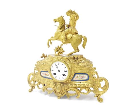French gilt metal and porcelain mounted two train figural mantel clock, the movement with outside countwheel striking on a be
