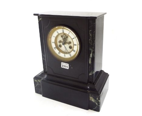 Black slate and green marble two train mantel clock striking on a bell, the 4.25" white chapter ring enclosing a visible rece