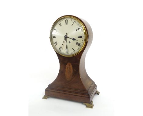 Mahogany single train balloon mantel clock, the 5" silvered circular dial with centre seconds, within a waisted stepped case 