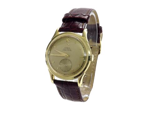 Fine Omega 1940s Chronometer automatic 18ct gentleman's wristwatch, ref. 2499, circular gilt dial with Arabic twelve, baton m