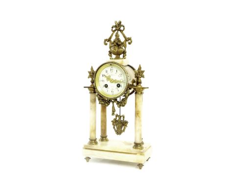 White onyx and gilt metal two train portico type mantel clock, the movement with outside countwheel striking on a bell, the 3