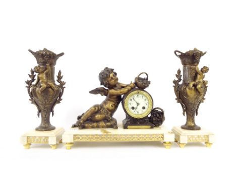 Marble and spelter two train figural mantel clock garniture, the movement with outside countwheel striking on a bell, the 3" 