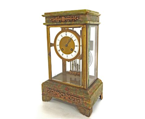 French green and red veined onyx four glass two train mantel clock striking on a gong, the 3.75" white chapter ring enclosing