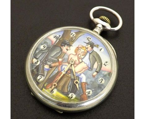 Novelty chrome erotic automaton pocket watch, lever movement, 50mm