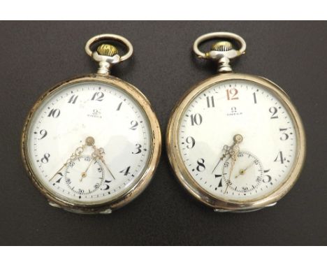 Two Omega white metal (0.800) engine turned and gold plated lever pocket watches (2)