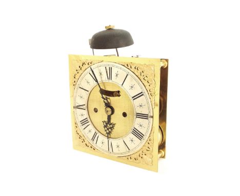 Good double fusee five pillar bracket clock movement with verge escapement, the 7" square brass dial with silvered chapter ri