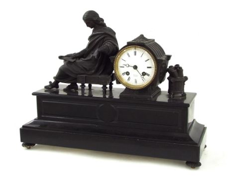 Black slate and spelter two train figural mantel clock, the Japy Freres movement with outside countwheel striking on a bell, 