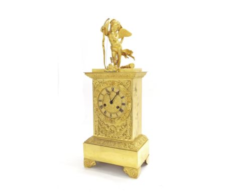 French ormolu two train figural automaton mantel clock, the movement with outside countwheel striking on a bell, the 3.5" gil