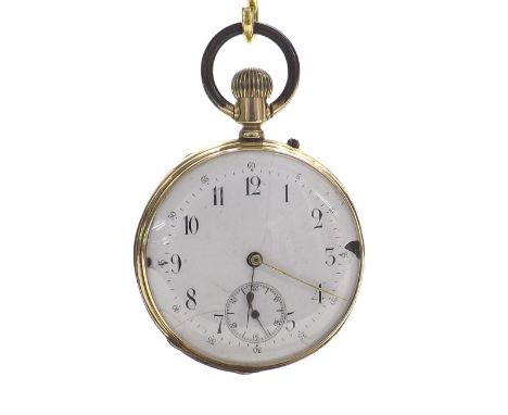 Continental 14k lever pocket watch, unsigned bar movement, the dial with Arabic numerals, outer five minute divisions and sub