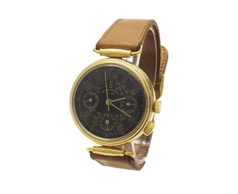 Movado HP146 chronograph gentleman's wristwatch in a gold plated customised case, the black dial with Arabic numerals, centre