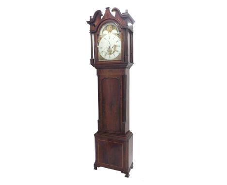 Mahogany eight day longcase clock, the 14" painted arched dial with subsidiary seconds dial and calendar aperture, with moon 