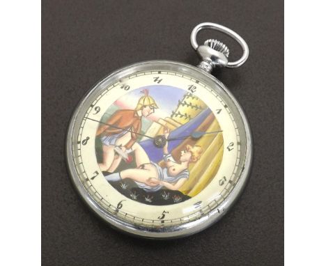 Novelty chrome erotic automaton pocket watch, lever movement no. 177404, the dial with outer Arabic chapter enclosing an erot