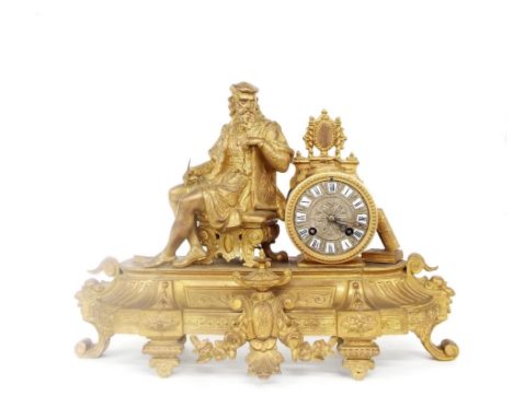 French gilt metal two train figural mantel clock, the movement with outside countwheel striking on a bell, the 3.25" dial wit