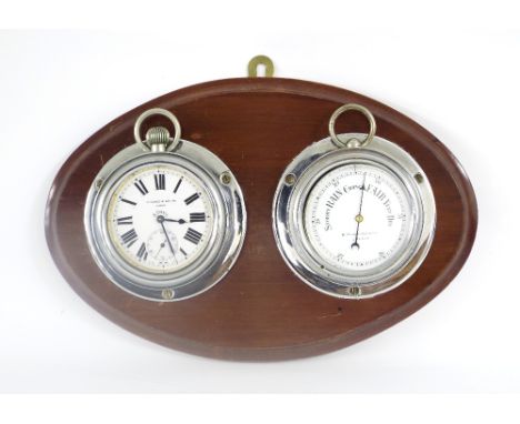Ship's type clock and barometer compendium, the 2.25" Goliath pocket watch dial signed H. Hughes & Son Limited, London, with 