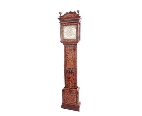 Marquetry month duration longcase clock, the six pillar movement with outside countwheel striking on a bell, the 12" square b