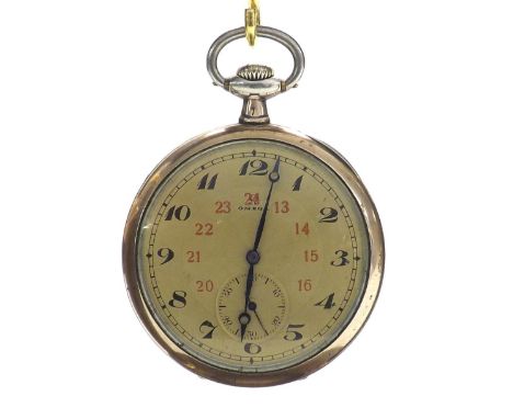 Omega white metal (0.900) lever pocket watch, movement no. 5075121, gilt dial with Arabic numerals, red inner twenty-four hou
