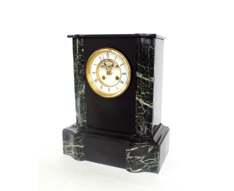 Large French black slate and green marble two train mantel clock, the movement with outside countwheel striking on a bell, th