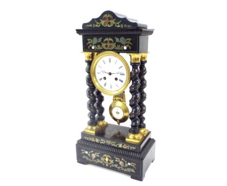 French ebonised and foliate brass inlaid two train portico mantel clock, the movement with outside countwheel striking on a b