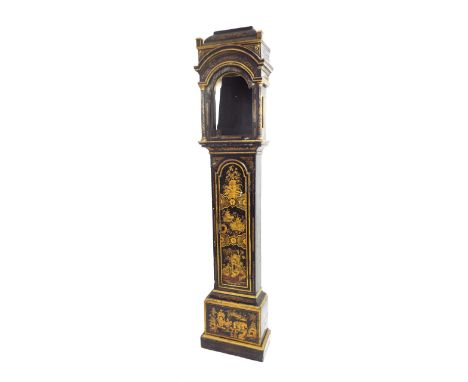 Chinoiserie black lacquered case with aperture for a 12" arched dial, decorated overall with gilded figures and foliage in pa