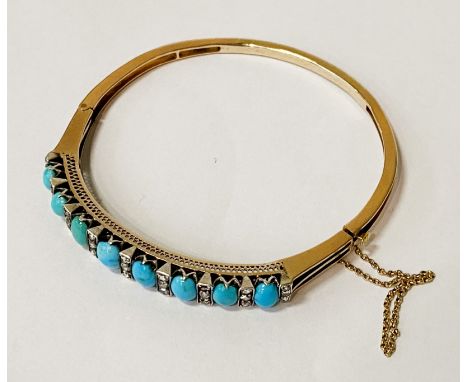 VINTAGE GOLD DIAMOND &amp; TURQUOSE BANGLE- 18.4 GRAMS APPROX