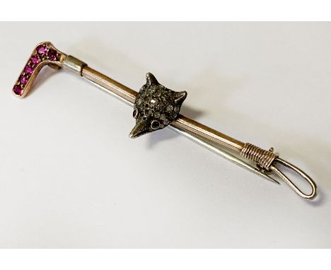 GOLD DIAMOND &amp; RUBY FOX BAR BROOCH