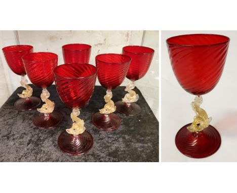 6 RUBY GOLD MURANO GLASSES 18CM (H) APPROX