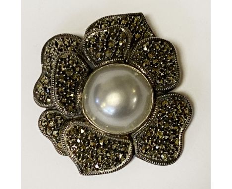 SILVER MARCASITE &amp; PEARL BROOCH