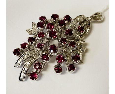 18CT WHITE GOLD RUBY &amp; DIAMOND BROOCH 9.1 GRAMS