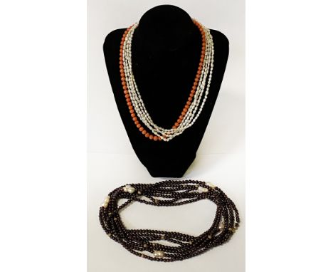 GARNET, CORAL &amp; SOUTHSEA PEARL BEADED NECKLACES