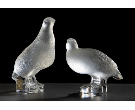 LALIQUE. France, second half of the 20th century."Pair of Partridges".Moulded and satin-finished glass. Chiselled plumage in 