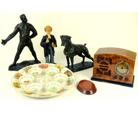 A VINTAGE STYLE RADIO, TWO BRONZED RESIN SCULPTURES, A COMPOSITION SCULPTURE OF A LAWYER AND A ROYAL CAULDON SEDER SET 