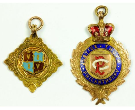 TWO 9CT GOLD AND ENAMEL WATCH FOB SHIELDS, 9.8G
