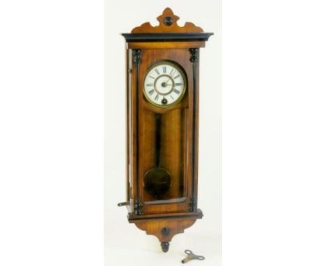A WALNUT MINIATURE VIENNA WALL CLOCK, THE TIMEPIECE WITH ENAMEL DIAL, CIRCA 1900