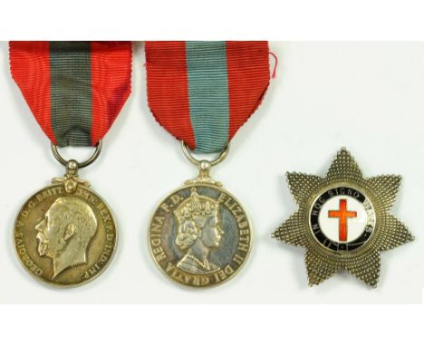 IMPERIAL SERVICE MEDAL GV, GEORGE CHARLES SURRIDGE AND ER II, FREDERICK JOSEPH SHERATON, WITH SILVER AND ENAMEL STAR BROOCH, 